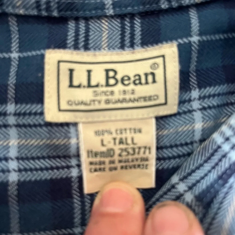 L.L. Bean Classic Blue White plaid‎ button down shirt Office Casual Large Tall